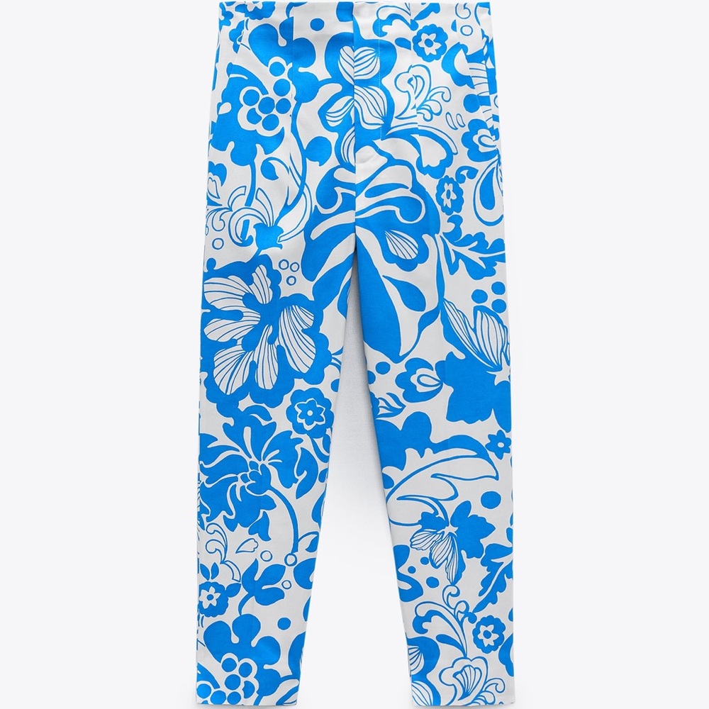 Zara Funky Floral Printed Trouser Pants in Blue/White